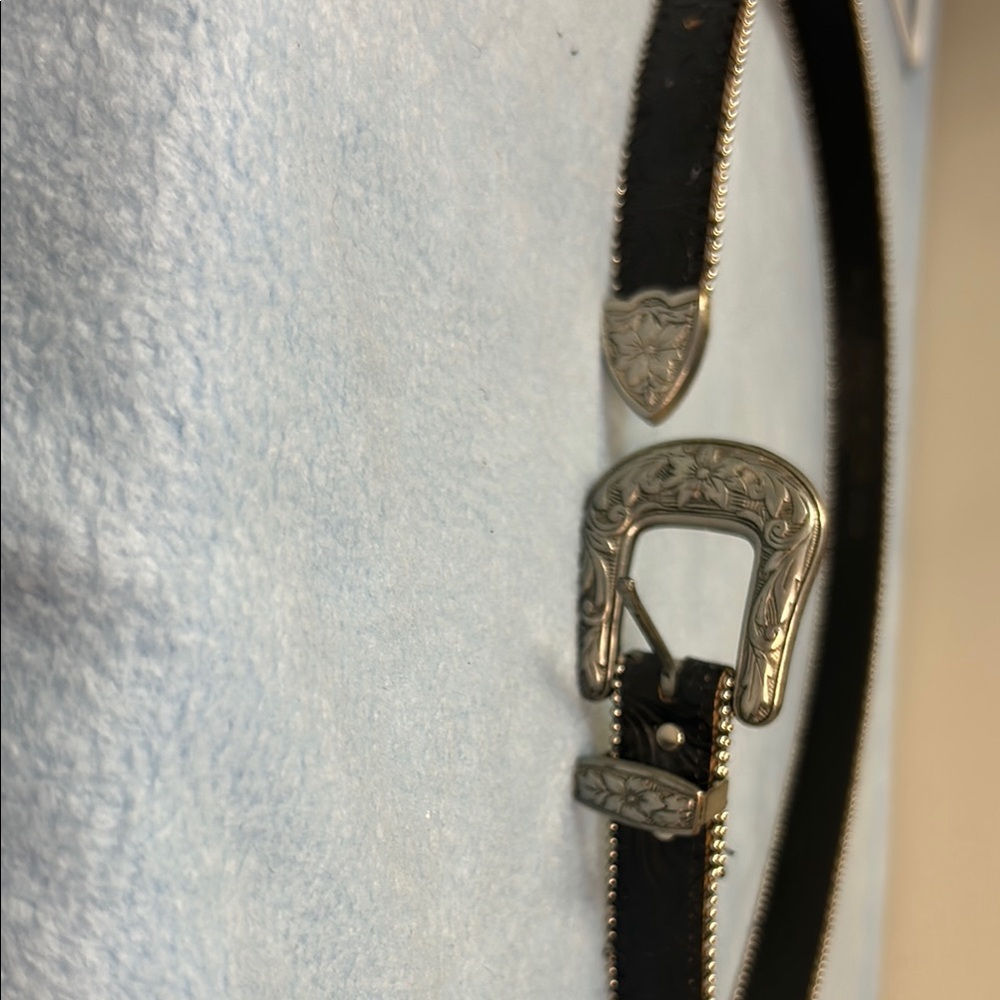 Robbie Nelson vintage Black Tooled Leather Belt with silver beading